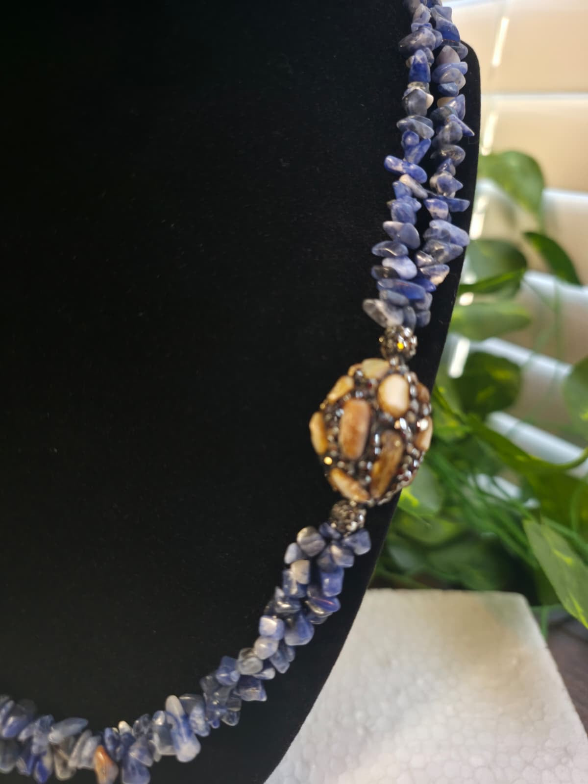 Natural Blue Gemstone Chip Necklace with Statement Bead