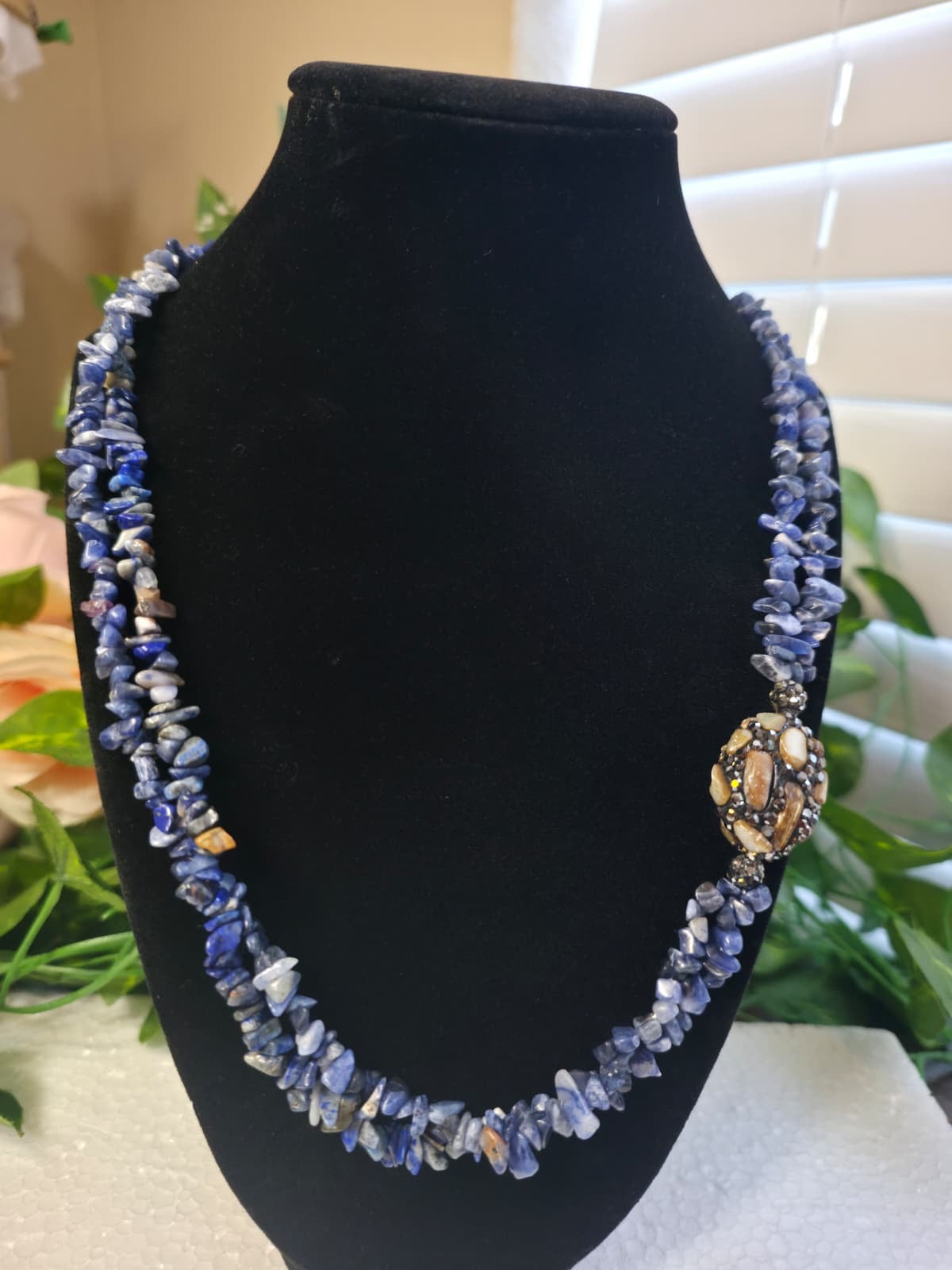 Natural Blue Gemstone Chip Necklace with Statement Bead