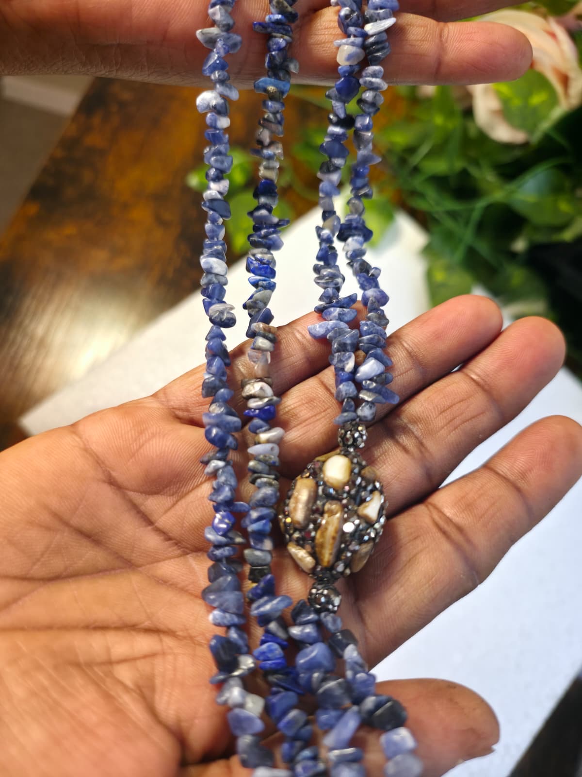 Natural Blue Gemstone Chip Necklace with Statement Bead