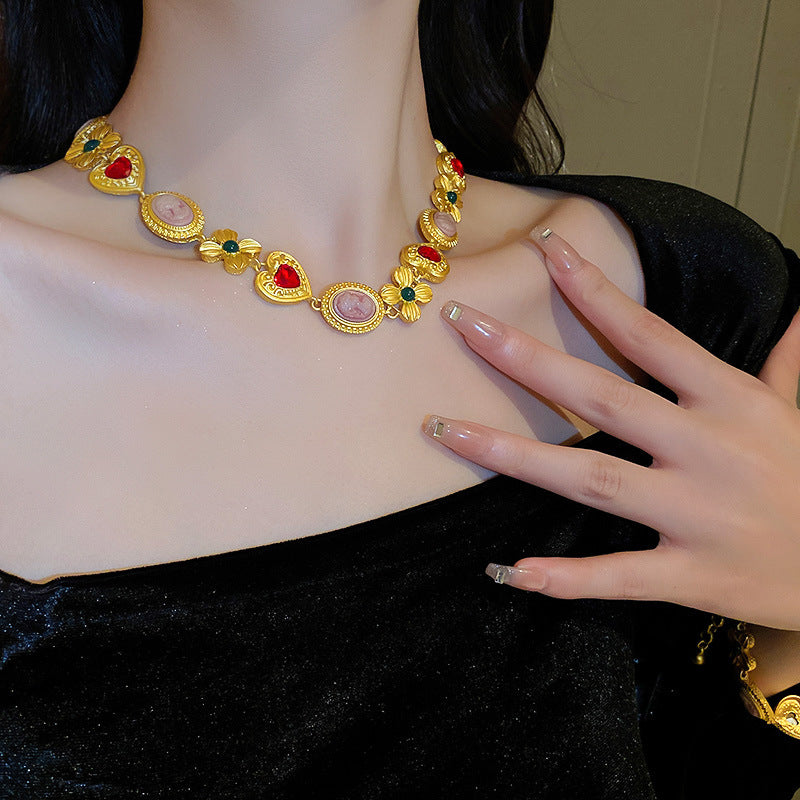 Medieval Rhinestone Flower Heart Drop Necklace Set