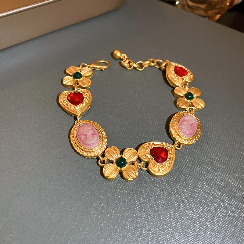 Medieval Rhinestone Flower Heart Drop Necklace Set