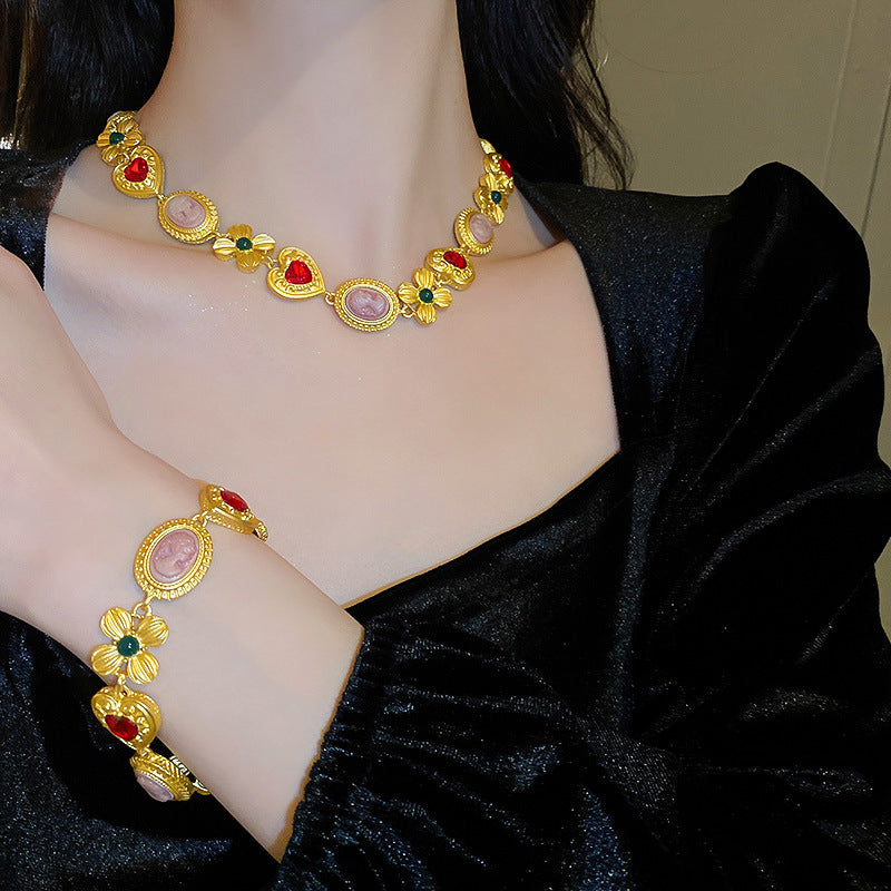 Medieval Rhinestone Flower Heart Drop Necklace Set
