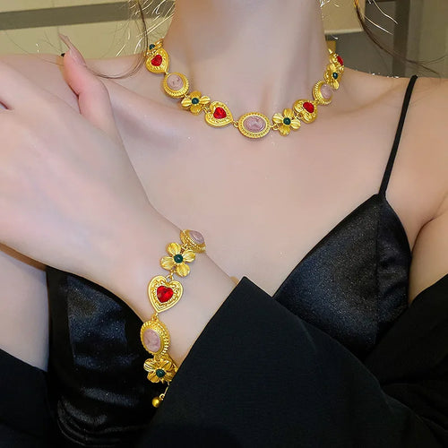 Medieval Rhinestone Flower Heart Drop Necklace Set