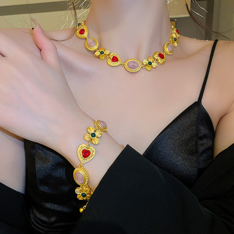 Medieval Rhinestone Flower Heart Drop Necklace Set
