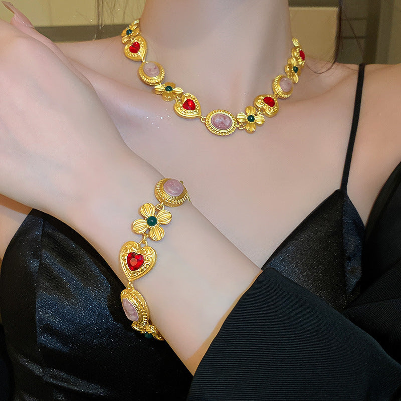 Medieval Rhinestone Flower Heart Drop Necklace Set