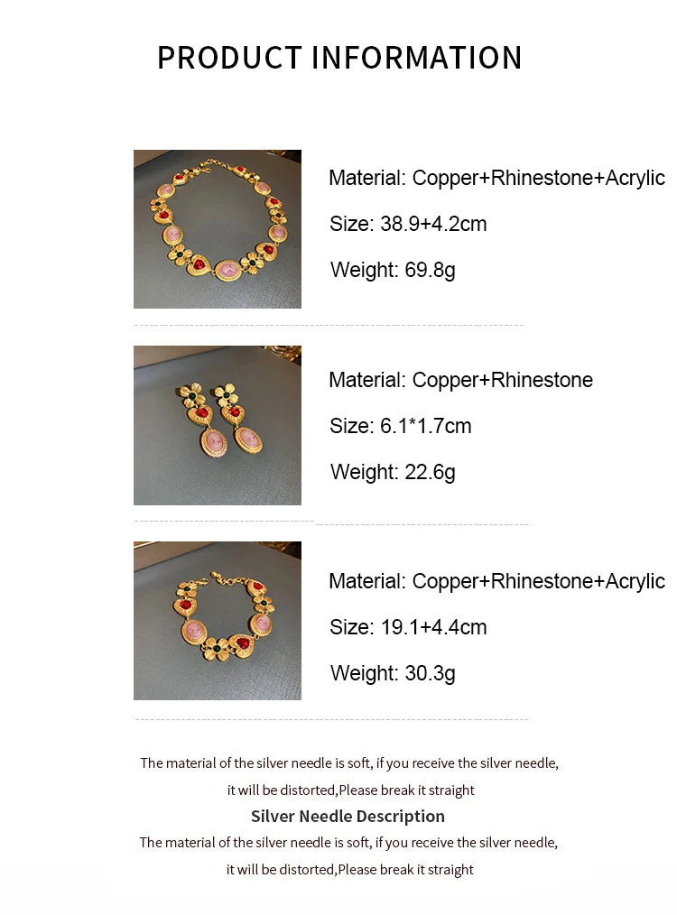 Medieval Rhinestone Flower Heart Drop Necklace Set