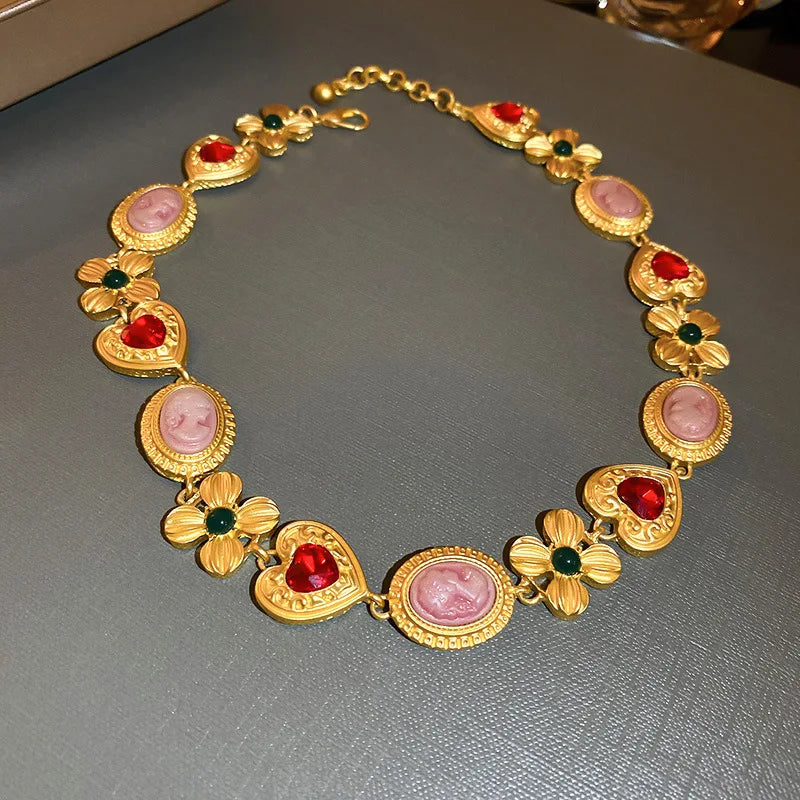 Medieval Rhinestone Flower Heart Drop Necklace Set