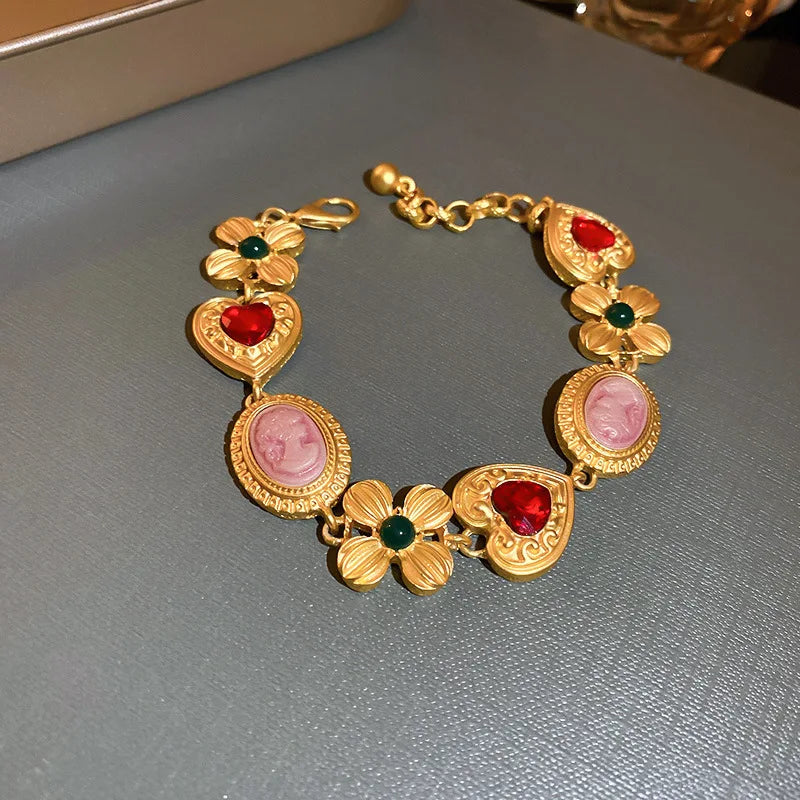 Medieval Rhinestone Flower Heart Drop Necklace Set