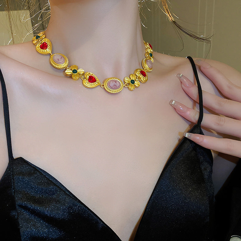 Medieval Rhinestone Flower Heart Drop Necklace Set
