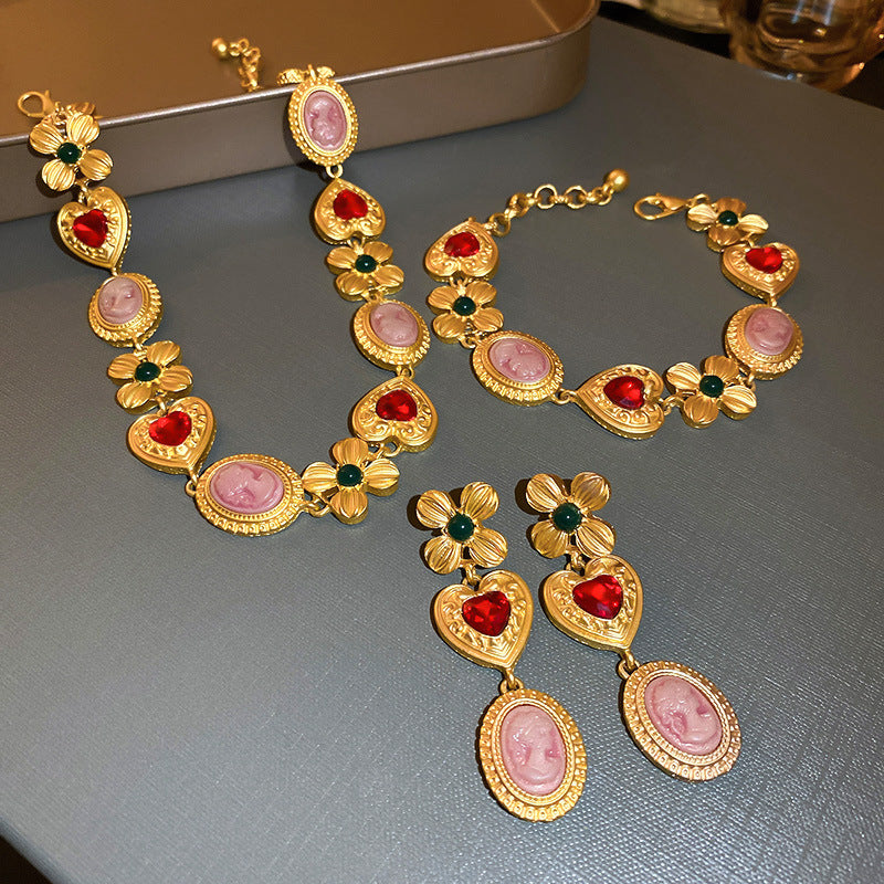 Medieval Rhinestone Flower Heart Drop Necklace Set
