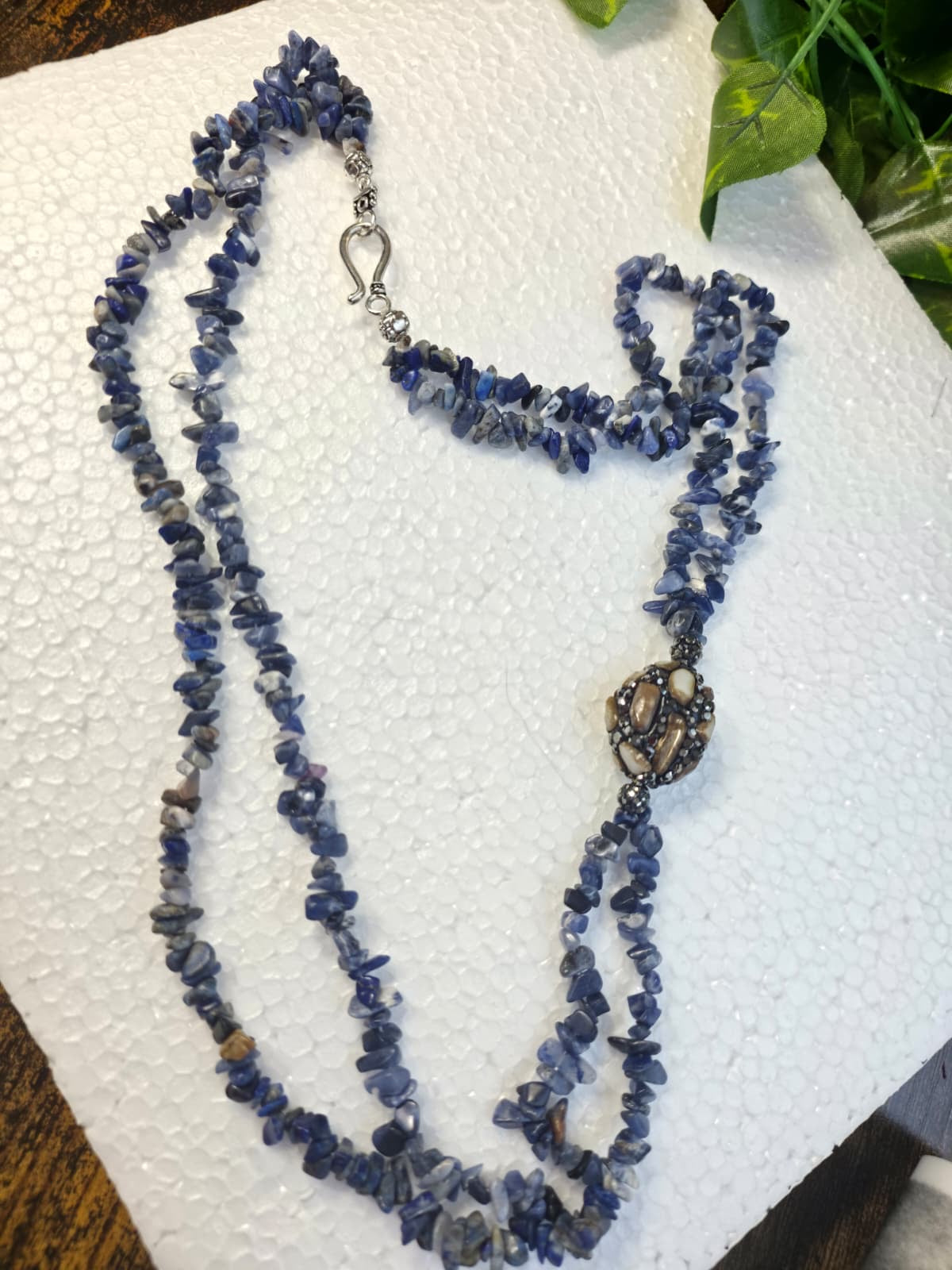 Natural Blue Gemstone Chip Necklace with Statement Bead